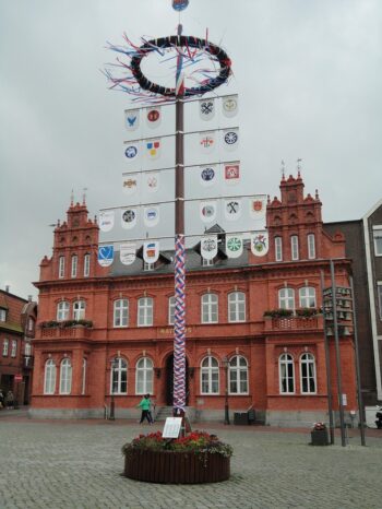 Rathaus Heiligenhafen mit Traditionsbaum auf dem Marktplatz